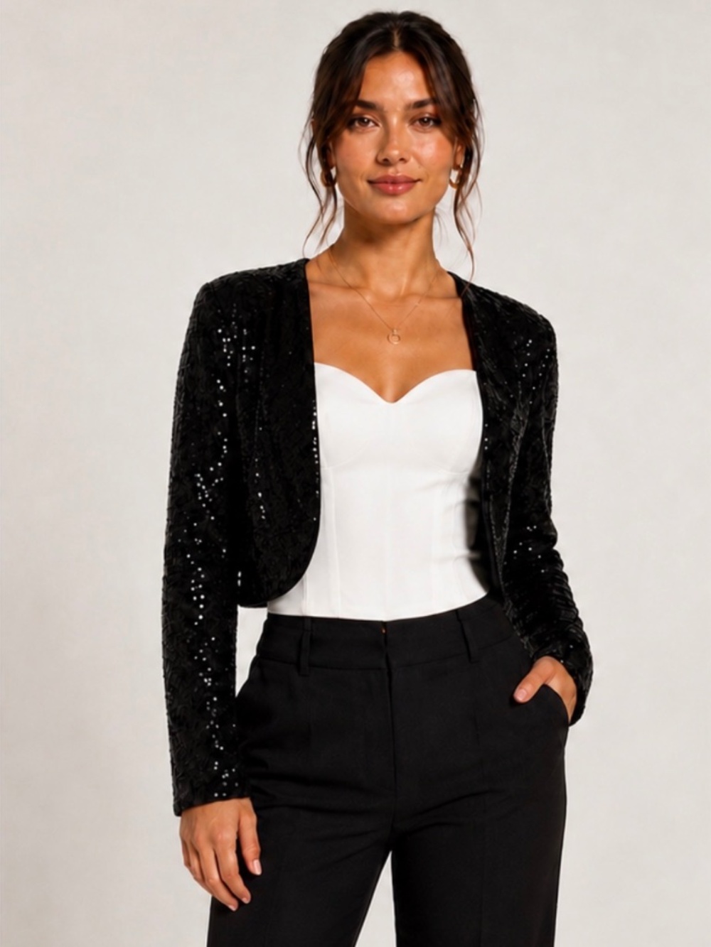 NWOT Belle Poque Black Sequin Bolero Shrug Cropped Evening Jacket Size M